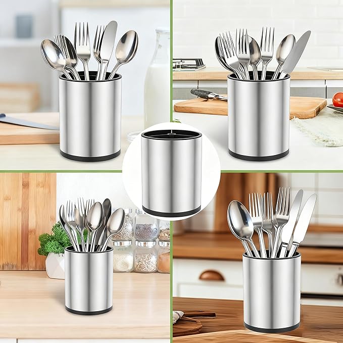 Kitchen Utensil Holder for Kitchen Counter,360° Rotating Stainless Steel Utensils Holder,Large Cooking Utensils Holder with Removable Base,3 Compartments Cutlery Holder