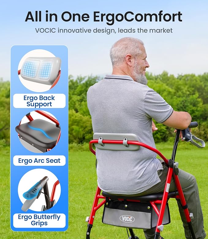 VOCIC Z11 Rollator Walker for Seniors with Seat, 380 LBS | Lightweight Design with Ergo Seat & Backrest, Height Adjustable & Easily Foldable for Seniors' Mobility, Blue