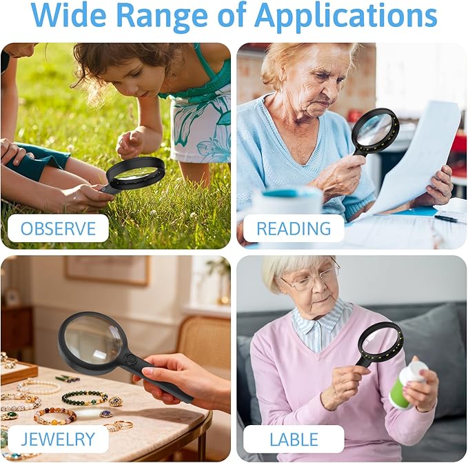 10X Magnifying Glass with Light, Upgraded Large 4.33" Handheld Illuminated Lighted Magnifier with 3 Light Modes for Seniors Reading, Coins, Jewelry, Close Work, Kids Nature Exploration(Black)