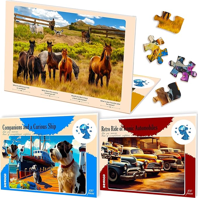 QUOKKA Alzheimers Jigsaw Puzzle Games for Adults with Horses, Dogs and Cars - 3 Set Dementia Puzzles for Elderly - 100 Piece Dementia Activities for Adults - Large Piece Gifts Products for Seniors