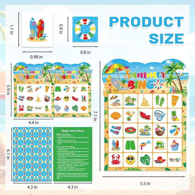 Summer Bingo Cards, 24 Players Beach Party Bingo Game Cards Summer Party Games for Birthday Holiday Party Wedding School Classroom Group Activities Favors Supplies