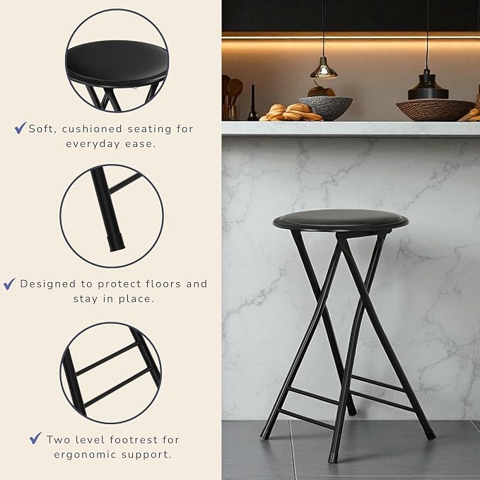 Lavish Home Folding Stool with Padded Backless Seat Set of 2, Black, 24” | Counter Height Bar Stools with 225lb Capacity, Portable Indoor & Outdoor, Extra Seat for Kitchen, Rec Room or Camping
