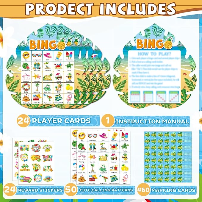 39Pcs Hawaiian Bingo Game for Adults Kids 24 Players Tropical Summer Palm Leaves Bingo Game Cards with Reward Stickers for Family Friend Student Large Group Activities Luau Theme Party Supplies Favors