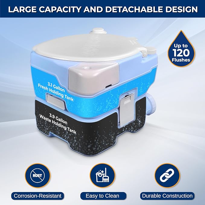 SereneLife 4 Gal Portable Camping Toilet For Adults, 100+ Flushes, Porta Potty Camp Toilet with Phone Holder, Hand Sprayer, Plastic Funnel for Camping, Hiking, and Boating