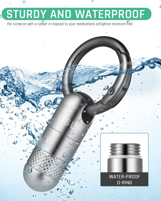 TISUR Small Titanium Keychain Pill Holder, Pocket Pill Case for Travel | Waterproof Pill Fob,Portable Pill Box Container,Purse Pill Organizer Tube