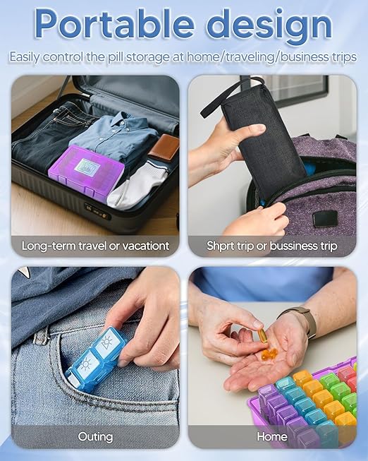 Monthly Pill Organizer 3 Times a Day, FRIWOLE Medicine Box with Portable Weekly Pill Bag, Keychain Pill Case, Pill Cutter and 2 Sticker (Purple, 3 Times a Day)