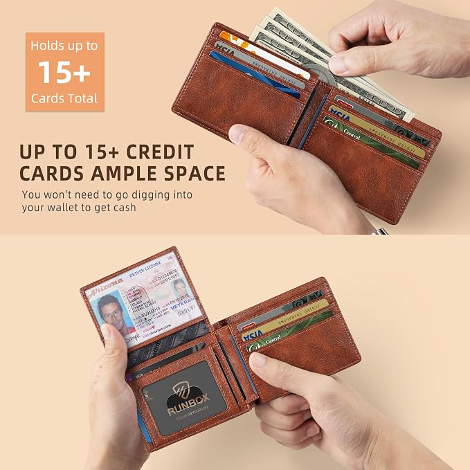 RUNBOX Wallet for Men -Slim Rfid Leather Mens Bifold Novelty Wallets 2 ID Window With Gift Box Men's Accessories | Minimalist Front Pocket Design, Holds 15 Cards, Large Capacity with Cash Pocket,Compact and Thin, Birthday Gifts for Men