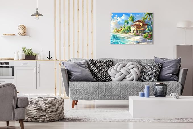 Adult Jigsaw Puzzle 1000 Piece Beach House | Features a tropical beachhouse scene with ocean waves and flowers. Great for game nights on a table, puzzleboard, or floor.
