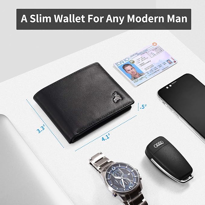 Slim RFID Blocking Leather Wallet for Men, Front Pocket Bifold Wallet with Zipper Coin Pocket and 2 ID Windows, Credit Card Holder
