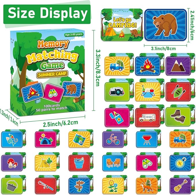 gisgfim 100 PCS Memory Matching Game for Kids Summer Camp Concentration Memory Card for Preschool Educational Ages 3-8 A Fun & Fast Camp Theme Matching Games
