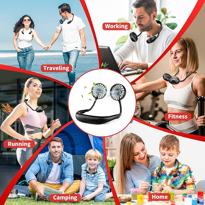 JUANANIUG Portable Neck Fan Rechargeable Personal HandFree Fan Mini USB Wearable Neckband Sport Fan 3 Speed Adjustable 360 Degrees Rotation Perfect for Working Traveling Office Reading (Full Black)