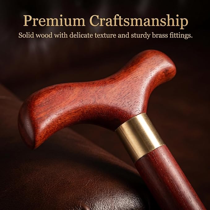 Handcrafted Solid Wood Walking Cane, 3-Section Detachable Brass Joints, Heavy Duty 400+ lbs Support, Lightweight 0.88 lbs, Anti-Slip Rubber Tip, 34.6 in