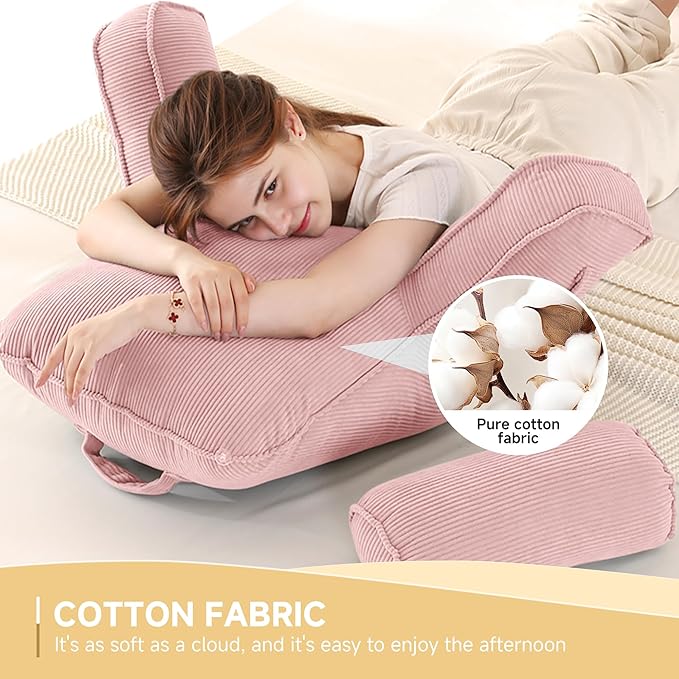 Reading Pillow for Sitting in Bed Adult & Teens, Large Backrest Pillow with Detachable Neck Support Cushion, Designed for Bed and Couch Sitting Up with Arms and Side Pocket.(Pink)