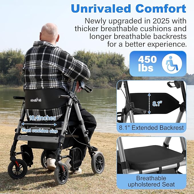 Walkers for Seniors,Heavy Duty Rollator Walker Wheelchair Combo, 2 in 1 Rollator Transport Chair with Brakes, 450 lb Rolling Walker 10" Big Wheels for All Terrain, Grey