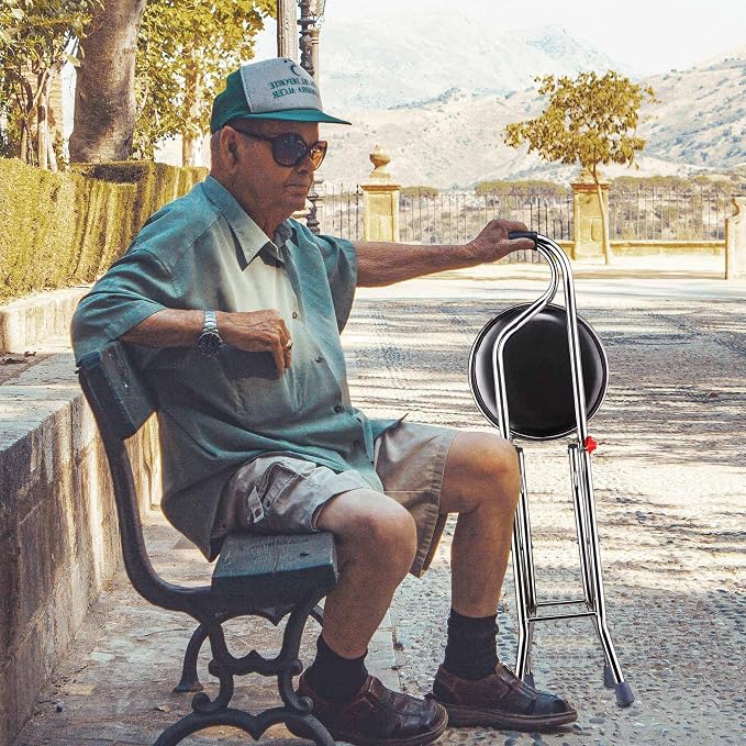 AW Lightweight Folding Walking Cane Stick with Seat Four Legged Portable | Travel Hiking Chair Stool Eldely Care Aid
