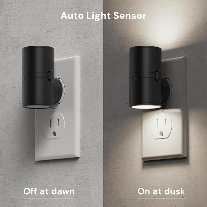 L LOHAS LED Bright Night Lights Plug into Wall,Daylight White,Rotating,Mini | Dimmable Nightlight Plug in, Light Sensor Night Light, LED Nightlights, Hallway Bedroom Bathroom Kitchen,[Black Shade,2 Pack]