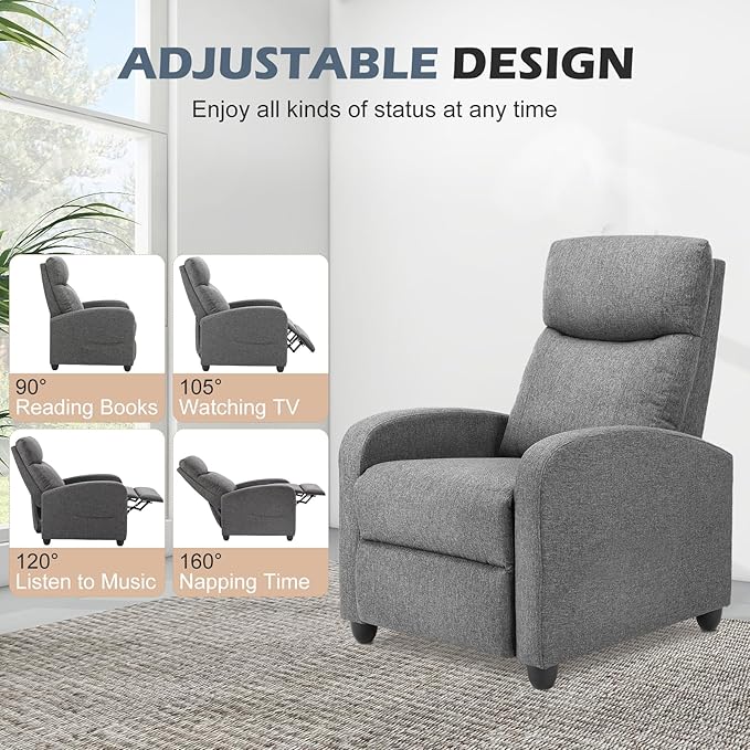 Sweetcrispy Massage Recliner Chair for Adults, Adjustable Home Theater Seating with Lumbar Support for Living Room, Modern Fabric Reclining for Small Space, Grey