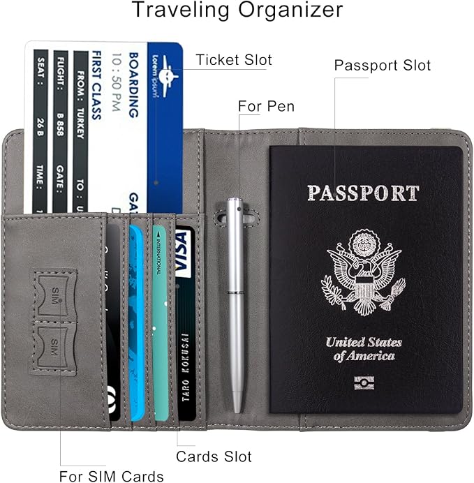 WALNEW Passport Holder for Travel, RFID Passport Wallet, Travel Essentials | PU Leather Passport Cover Case with Pen Holder, Travel Must Haves Accessories, Passport Book Holder for Women Men