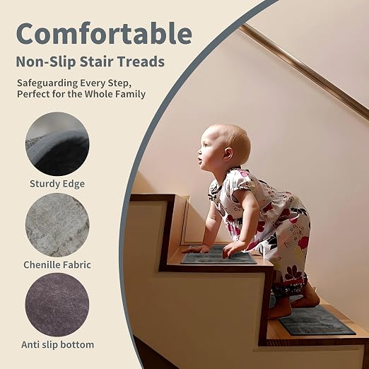 Non Slip Stair Treads for Wooden Steps, 15 Pack 8"x30" Washable Carpet | 8x30 in soft chenille polyester stair treads with reusable TPE backing for indoor wood stairs, dogs, kids, and seniors