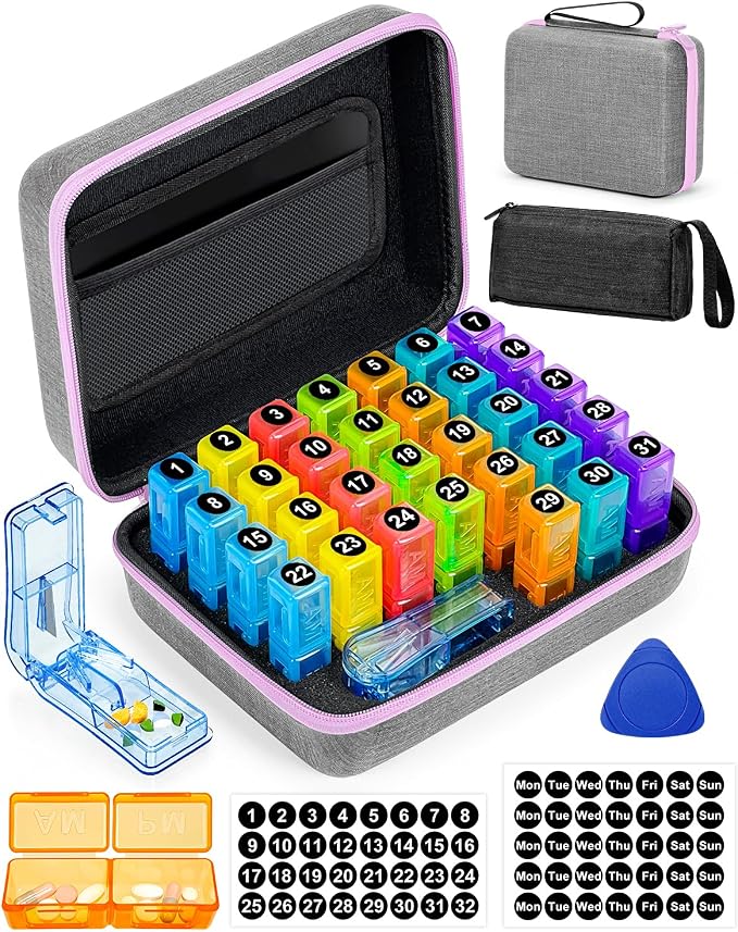 Monthly Pill Organizer 2 Times a Day with Weekly Pill Bags, Portable Hard Shell Case, Pill Cutter & Opener Pick, Monthly and Weekly Stickers for Medication Management (Purple, 2 Times a Day)