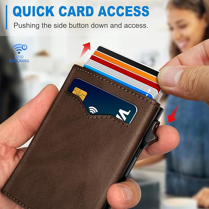 Wallet for Men,with Cash Pocket 2 ID Window 9-13 Cards,Metal Case Smart Slim Pop Up Credit Card Holder Flip with Magnetic Closure RFID Blocking Trifold wallet with Gift Box