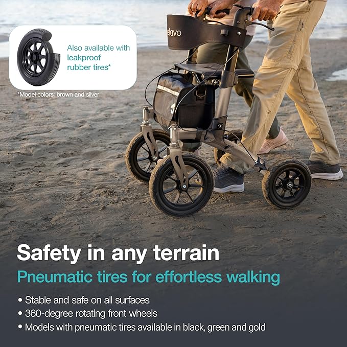 Helavo All Terrain Walker Rollator with 12” Pneumatic Tires – Foldable Outdoor Walkers for Seniors with Seat, Lightweight & Adjustable Height, Shock-Absorbing for Comfort on Any Surface