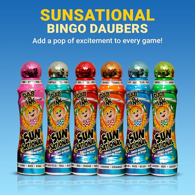 Lucky Lady Bingo Daubers Made with Dab-O-Ink, Sunsational and Dab-O-Ink Dazzle Glitter Combo Gift Set – 3 oz. 18 Pack, Versatile Ink Daubers - Bingo Markers for Adults and Seniors