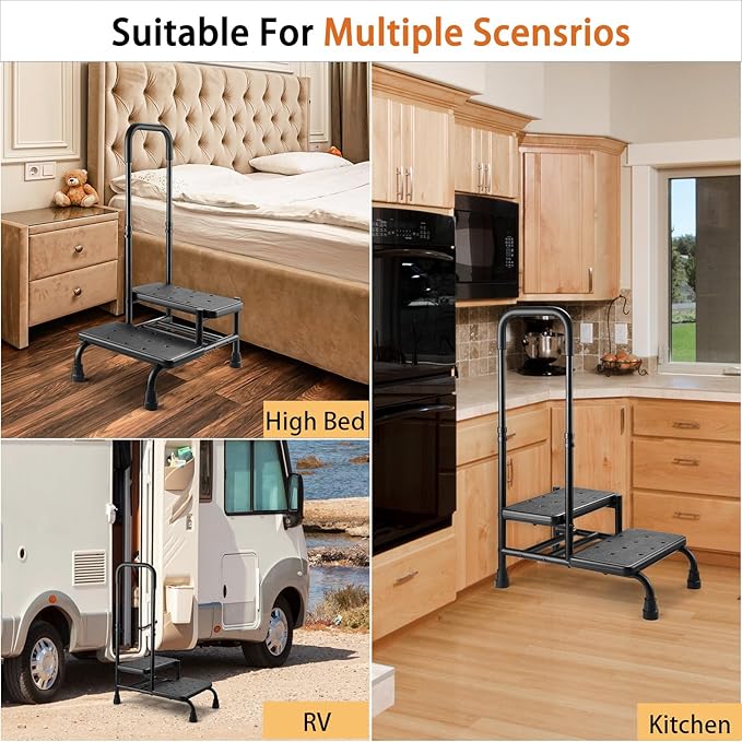 Step Stool with Handle, Non Slip Platform and Adjustable Handrail, Two Step Stool for Ederly, Adults and Handicap, Heavy Duty Foot Stool for High beds, Kitchen, Bathtub