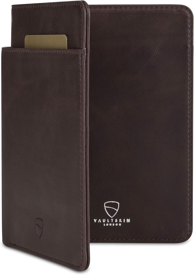 Vaultskin KENSINGTON Passport Holder for Travel, RFID Wallet (Brown) | Slim genuine leather book cover, small case for men and women, inner sleeve, cards, cash, scan blocking protection, gift box