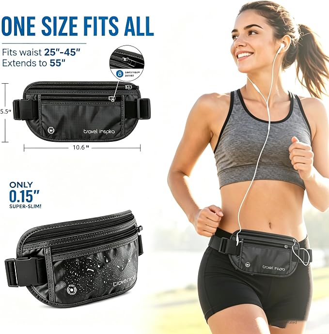 travel inspira RFID Hidden Money Belt Slim Anti Theft Travel Wallet | Passport Holder for Travel Concealed under Clothes for Ultimate Protection of Credit Cards, Cash, Passport & Documents, Black