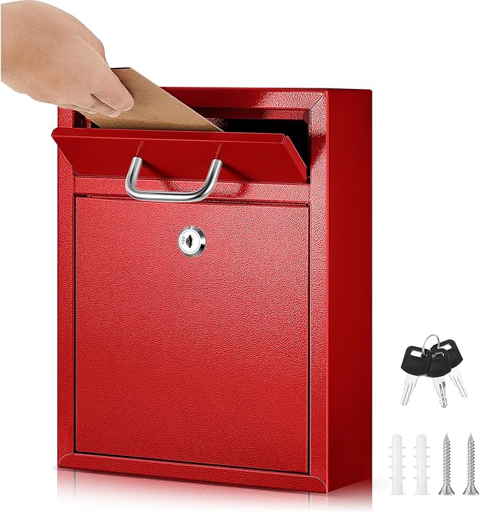 Yaocom Locking Mailbox with Key for Outdoor 10 x 7 x 3 Inches Small Wall Mount Mail Box with Lock Security Mail Drop Metal Collection Boxes Hanging Secure Postbox(Red)