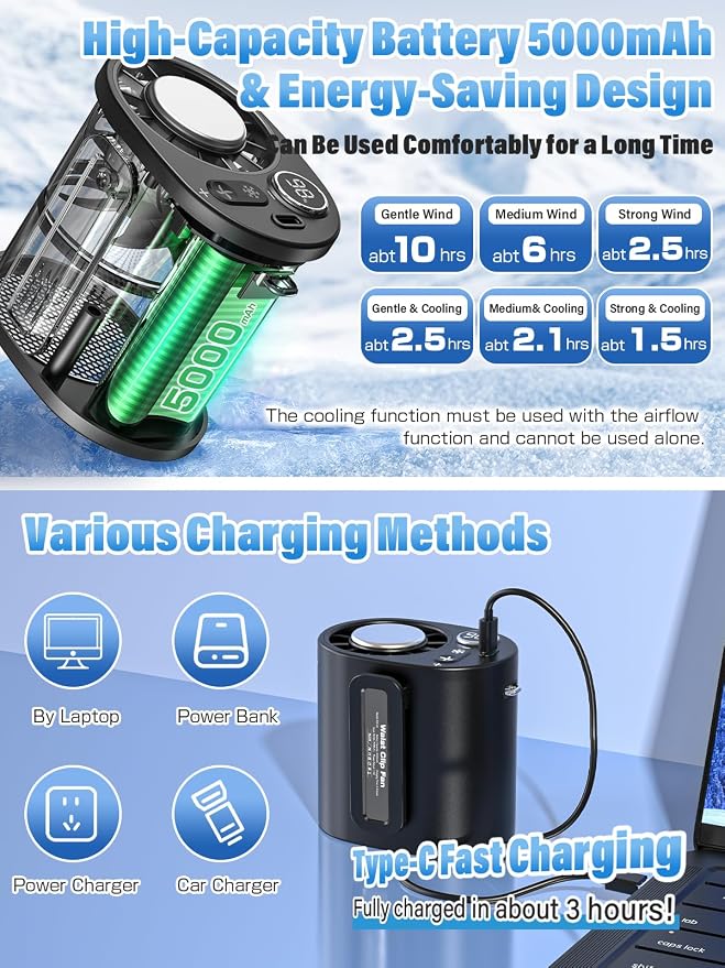 Portable fan Waist Worn Fan Belt Fan Waist Fan Cooling Handheld Fan Cooling Plate 100-Level Wind Speed Adjustment LED Display Type-C Fast Charging Handheld Outdoor Work Construction Gift (black)
