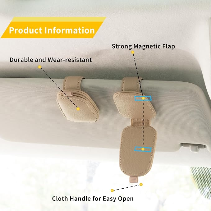 Yuoyar Magnetic Leather Sunglasses Holder for Car, 2 Packs (Beige) | Magnetic Car Visor Accessories