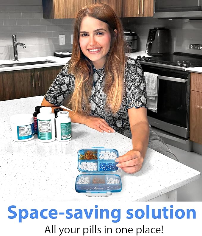 Travel Pill Organizer - Airtight Medicine Case for Traveling Portable Pharmacy Box with Labels Vitamin Container 8 Compartment Supplement Medication Holder Large Capacity Daily (Blue)