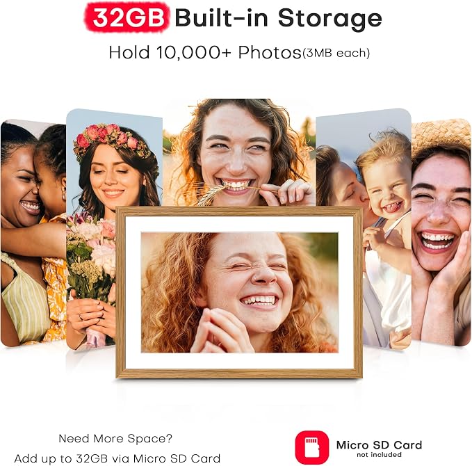 Frameo 10.1" Digital Picture Frame WiFi Wood, 1280 * 800 IPS HD Touchscreen, 32GB Storage, Instant Share Photo Video, Gifts for Mom, House Warming