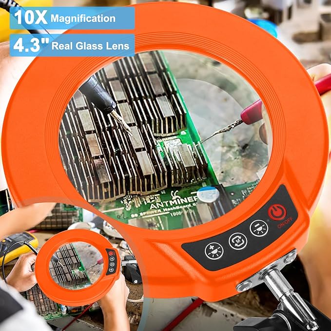 10X Magnifying Glass with Light and Clamp, Real Glass Stand Lighted Magnifier, 5 Color Modes Stepless Dimmable LED Desk Lamp Hands Free for Crafts Hobby Reading Painting Close Work - Black Orange