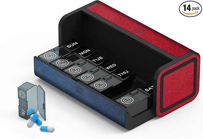 Weekly Pill Organizer 2 Times a Day, Large Travel Pill Box 7 Day, Twice Daily AM PM Pill Case, Removable Pocket Pharmacy, Pill Container Holder for Vitamin, Medicine (Red and Blue)