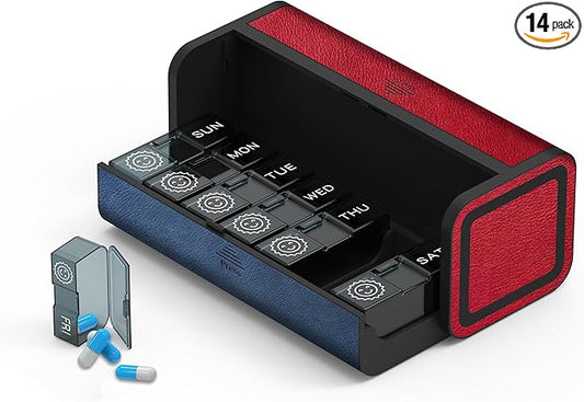 Weekly Pill Organizer 2 Times a Day, Large Travel Pill Box 7 Day, Twice Daily AM PM Pill Case, Removable Pocket Pharmacy, Pill Container Holder for Vitamin, Medicine (Red and Blue)