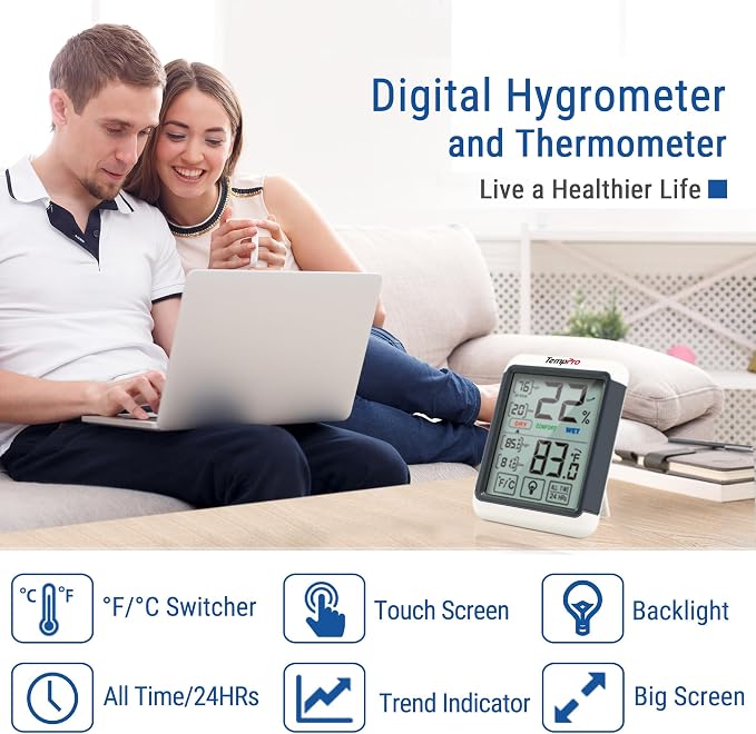 TempPro TempAir Digital Indoor Hygrometer Thermometer with Touchscreen | 4-Inch Temperature/Humidity Monitor with Backlit, Room Thermometer/Humidity Meter for House Home Greenhouse