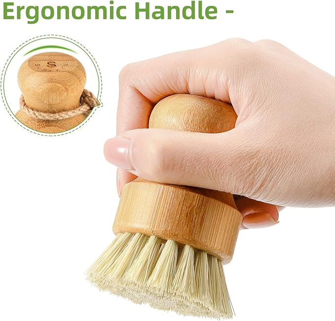 SUBEKYU Bamboo Dish Scrub Brush,Produce Brush,3 Pack with Ceramic Holder | Vegetable Brush,Natural Sisal Bristles,Kitchen Wooden Cleaning Scrubbers Set