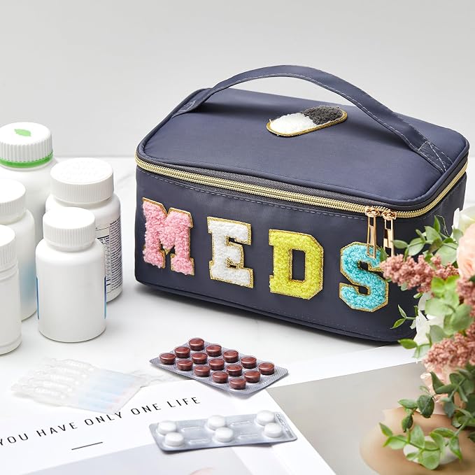 Geetery Clear Makeup Bag Chenille Letter Meds Bag Travel Cases Preppy Patch with Zipper, Portable Cosmetic Toiletry Storage case for Women (Meds,Gray)