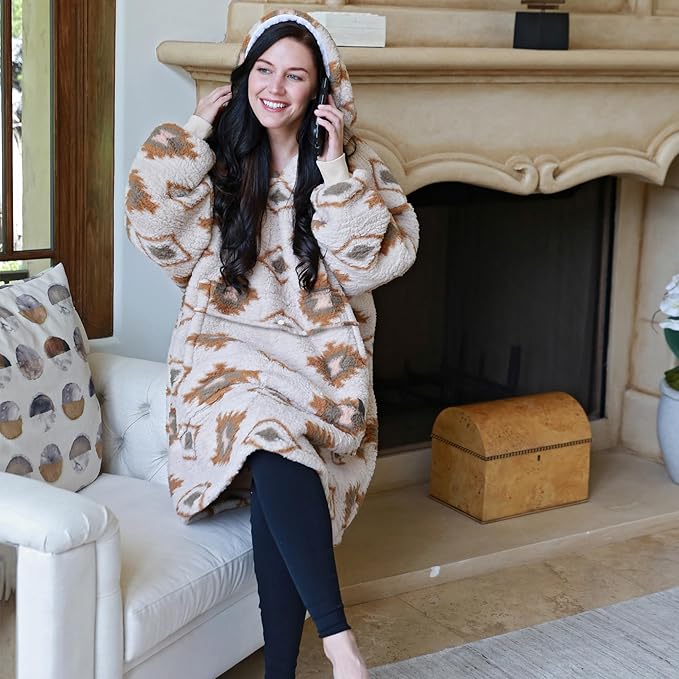 Catalonia Oversized Blanket Hoodie Sweatshirt, Wearable Sherpa Lounging Pullover for Adults Women Men