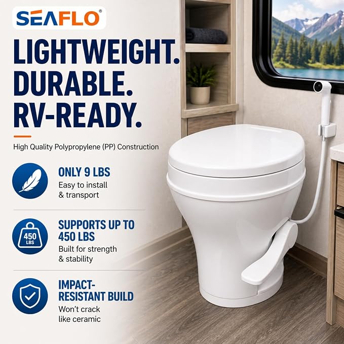SEAFLO RV Toilet with Sprayer Attachment - White, 18.4” Residential Height, Gravity Flush Foot Pedal Camper Toilet Soft Close Seat Elongated Bowl Motorhome, 4-Year Warranty, SFRTPH-01-02