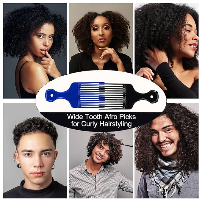 SIMPOR 2 Pcs Hair Pick Comb Wide Tooth Lift for Hair Styling Detangling, Plastic Afro Pick for Women Men, Fist Picks for Curly and Afro Hair (Black, Blue)