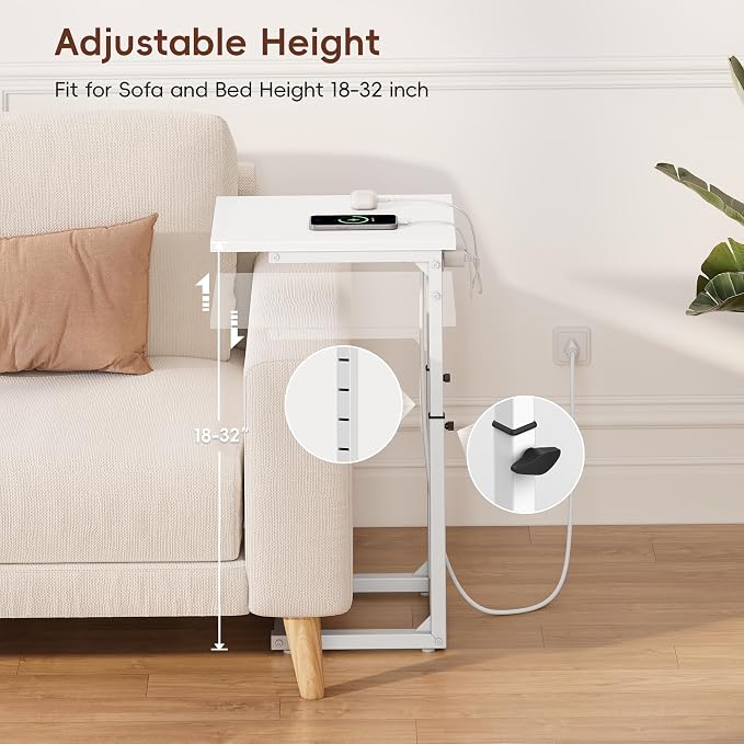 C Shaped End Table with Charging Station, C Table End Table Adjustable Height Sofa Table, Side Table for Couch, Couch Table that Slide Under, TV Tray Arm Table for Living Room,Bedroom, White