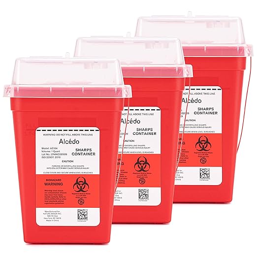 All New Alcedo Sharps Container for Home Use and Professional 1 Quart Plus (3-Pack), Biohazard Needle and Syringe Disposal, Small Portable Container for Travel
