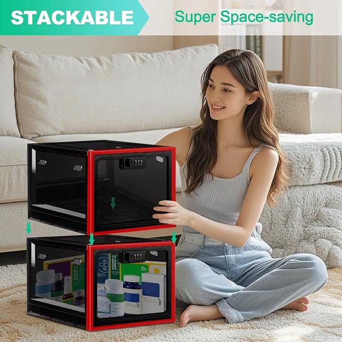 Medication Lock Box with Code, 12.6L Large Lockable Storage Box for Medicine, Snacks, Phone, and Electronics - BPA-Free, Clear Design with Charger Holes for Home, Office, Dorm, and Fridge