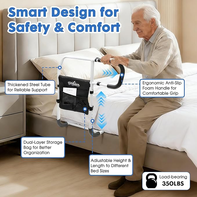 Bed Rails for Elderly Adults, Adjustable Bed Assist Rails for Seniors with Non-Slip Handle & Storage Pocket, Bed Assist Bar Supports up to 350 Lbs, Fits Twin/Full/Queen/King Beds