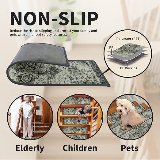 Non Slip Stair Treads for Wooden Steps, 1 Pack 30"x30" Washable Carpet | 30x30 in soft chenille polyester stair treads with reusable TPE backing for indoor wood stairs, dogs, kids, and seniors