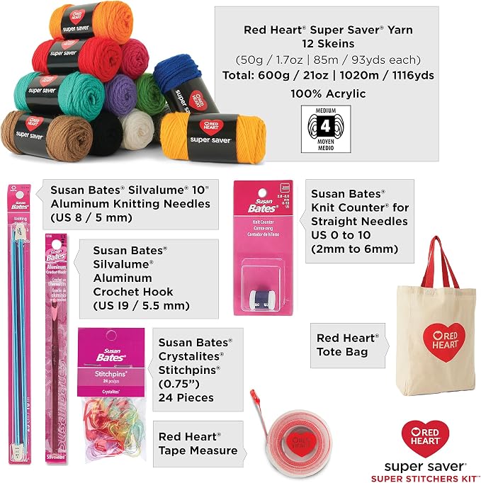 Red Heart Super Saver Yarn Stitchers Kit, 12 Balls, 1 Tote Bag, 1 Knitting Needle, 1 Crochet Hook, 1 Measuring Tape, 1 Knit Counter